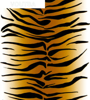 A roll of wallpaper with a tiger stripe pattern in black, orange, and white colors. Classic Wallpaper – Tiger Stripe Pearlized Metallic Finish