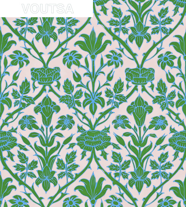 Blue and Green Trumpet Blooms Wallpaper – Elegant Clay Coated Design