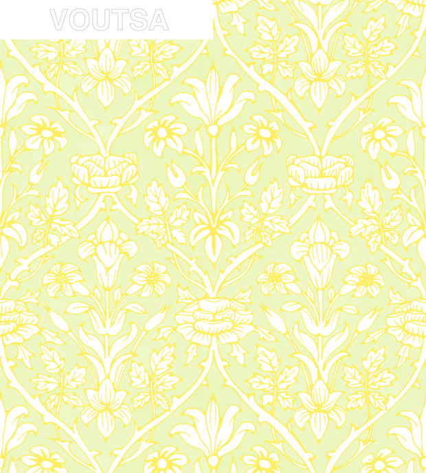 Green and Yellow Trumpet Blooms Wallpaper – Elegant Clay Coated Design