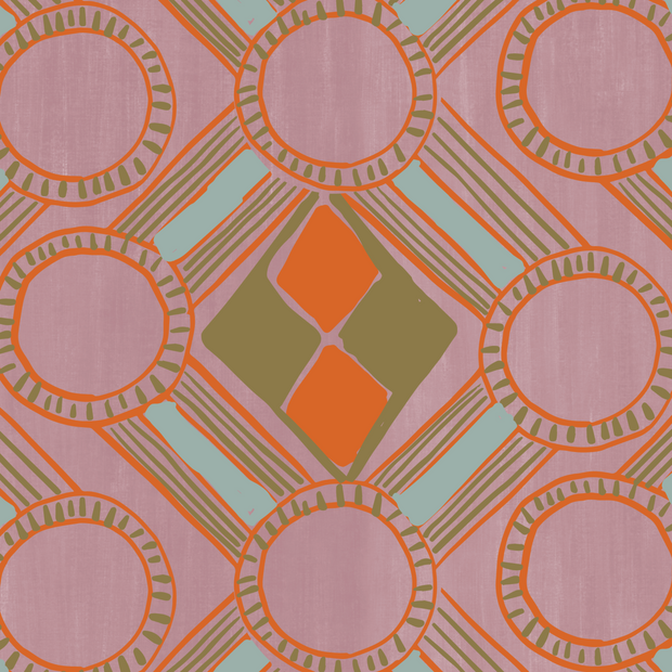 A fabric featuring a geometric pattern with repeating circles and lines in shades of pink, orange, and green on a linen background.