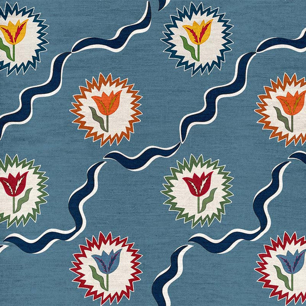 Blue - Tulips of Belgravia Fabric - Luxurious Viscose Linen | Supply Showroom