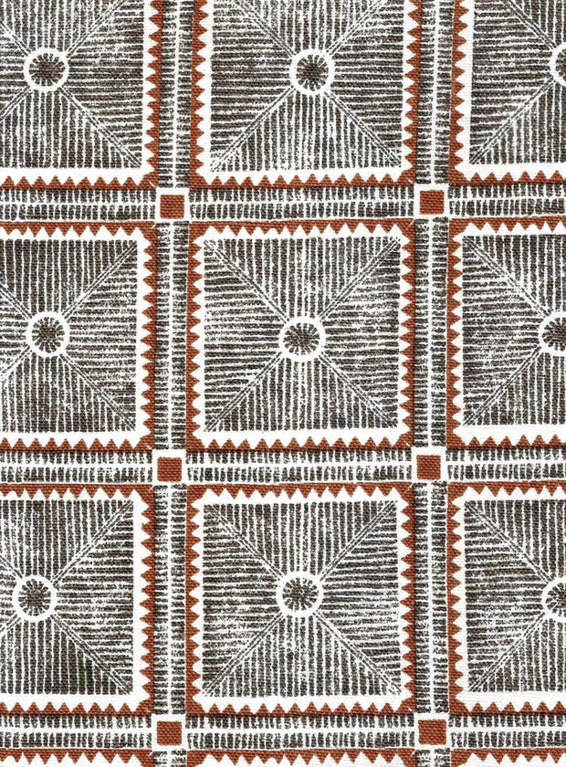A fabric featuring a geometric pattern with diamonds and rectangles in brown, beige, and white colors on a white background.