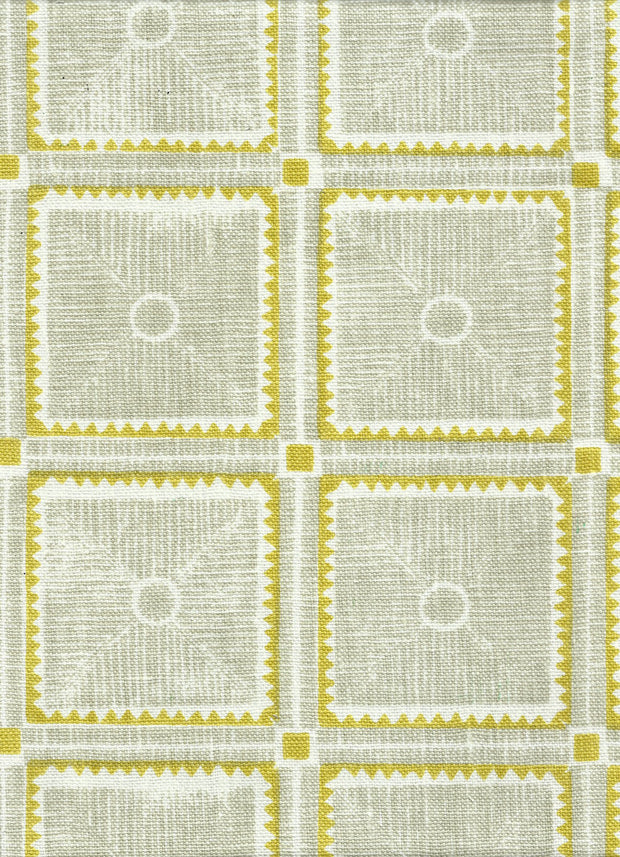 A fabric featuring a contemporary geometric pattern in beige and yellow colors on a white background.