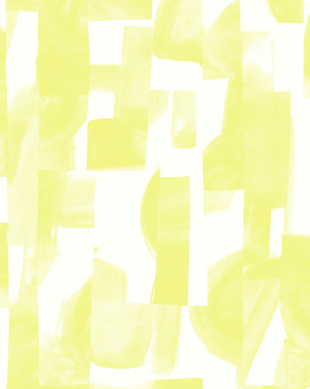 A section of wallpaper with a yellow and green abstract pattern. Electric Sunshine on White Wallpaper – Agolise | Half-Drop 10 Yard Roll