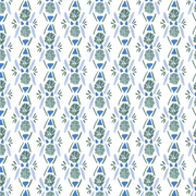 A fabric with a contemporary floral pattern in blue and green colors on a white background.