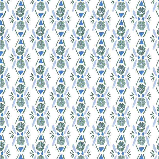 A fabric with a contemporary floral pattern in blue and green colors on a white background.